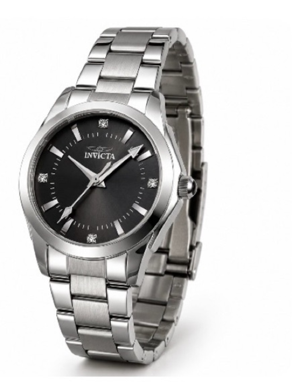 Invicta Silver Bracelet Watch with Black Dial and Crystal Markers